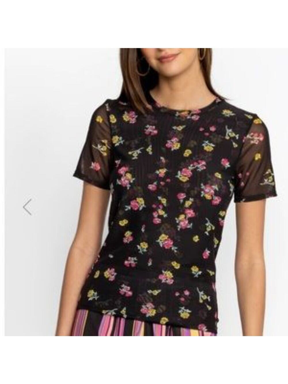 Johnny Was Samantha Mesh Black Floral Short Sleeve Crew Neck Top Size XS